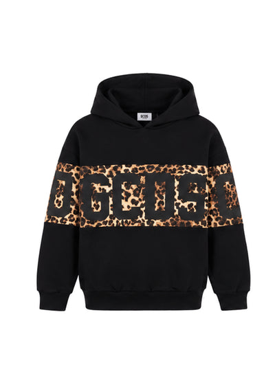 GCDS Felpa Nera Animalier Bambina in Cotone Maxi Logo AI26Z0GJQE583F005