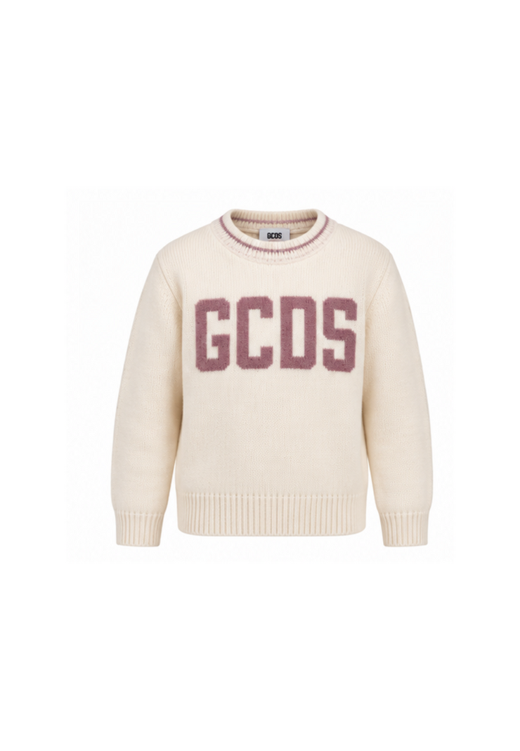 GCDS Maglia Bianca in Lana Bambina con Maxi Logo Rosa AI26C2GJQF586K347