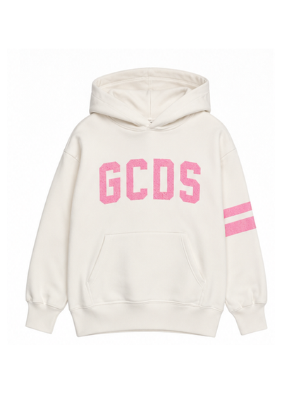 GCDS Felpa Bianca e Rosa Bambina in Cotone con Maxi Logo AI26Z0GJQE590F004