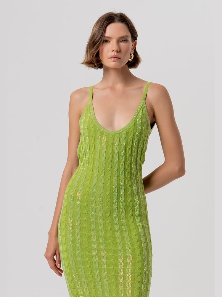 Fracomina abito slim midi in maglia con punto treccia verde acido