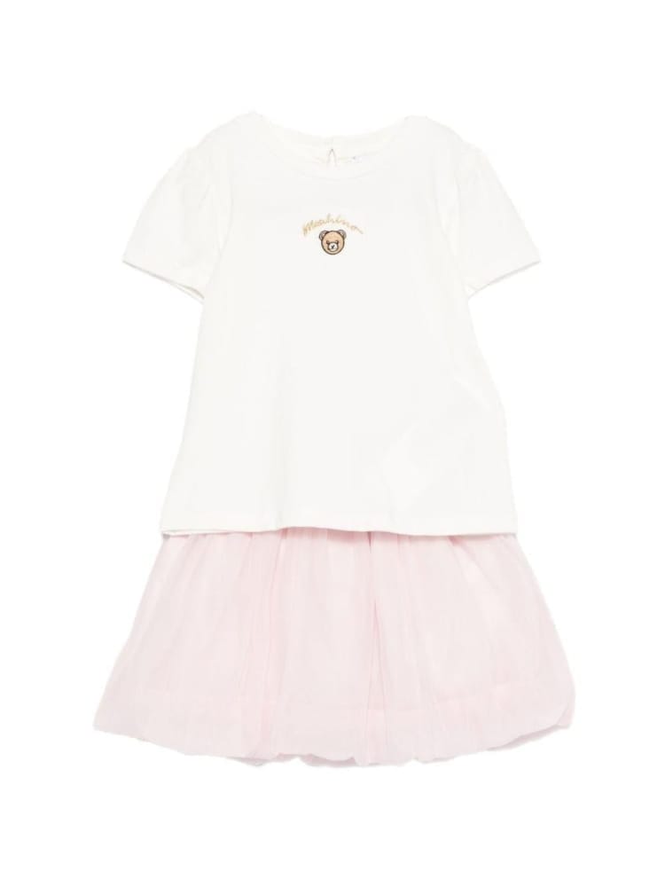 Moschino set t-shirt e gonna infant bianco e rosa con ricamo logo teddy Bambina