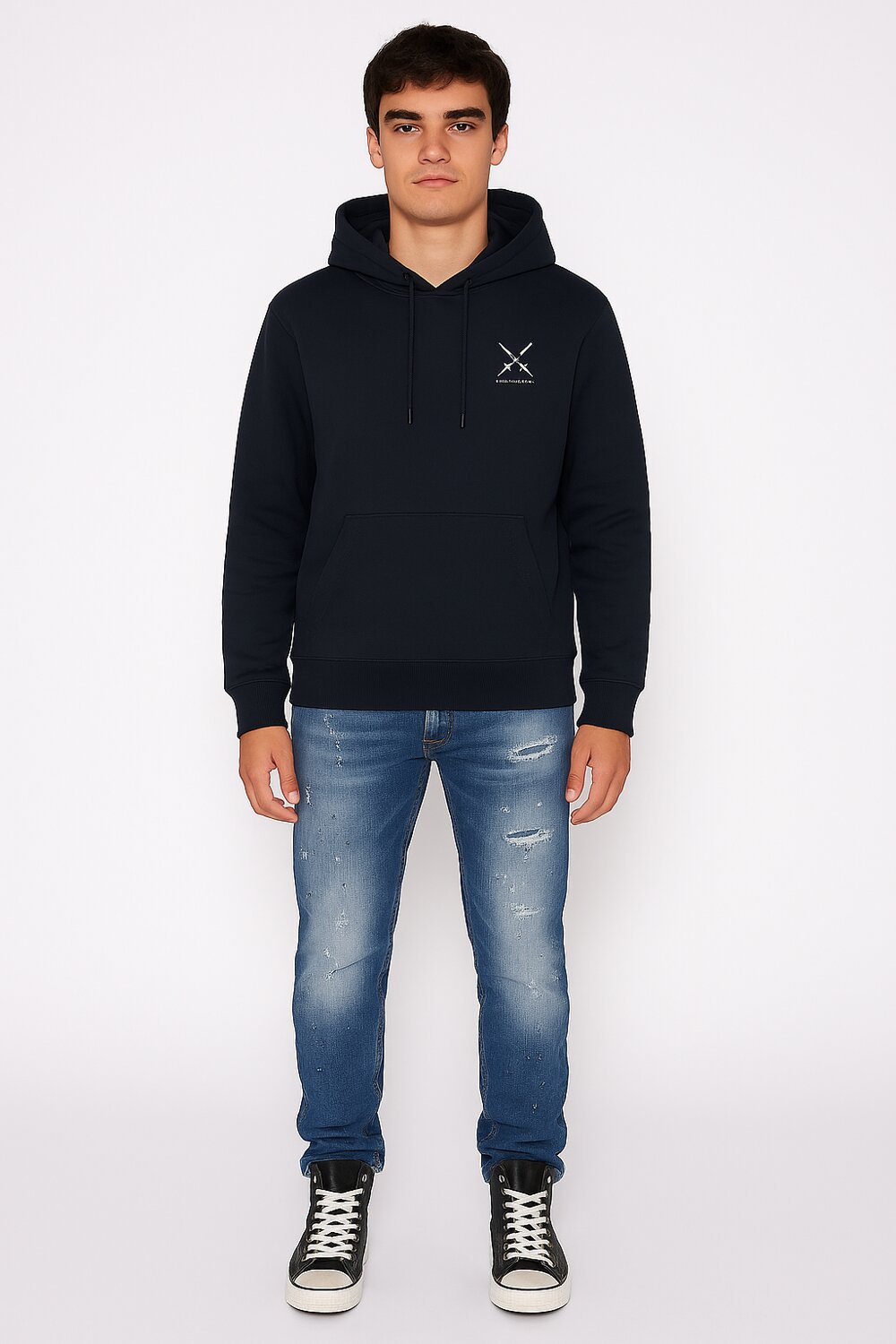 John Richmond felpa uomo blu scuro con cappuccio in cotone logo ricamato John Richmond felpa uomo blu scuro con cappuccio in cotone logo ricamato