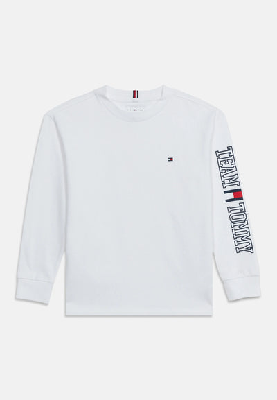 TOMMY HILFIGER Tshirt bianca maniche lunghe logo sulla manica con polsino Bambini e ragazzi kb0kb10512ybr_