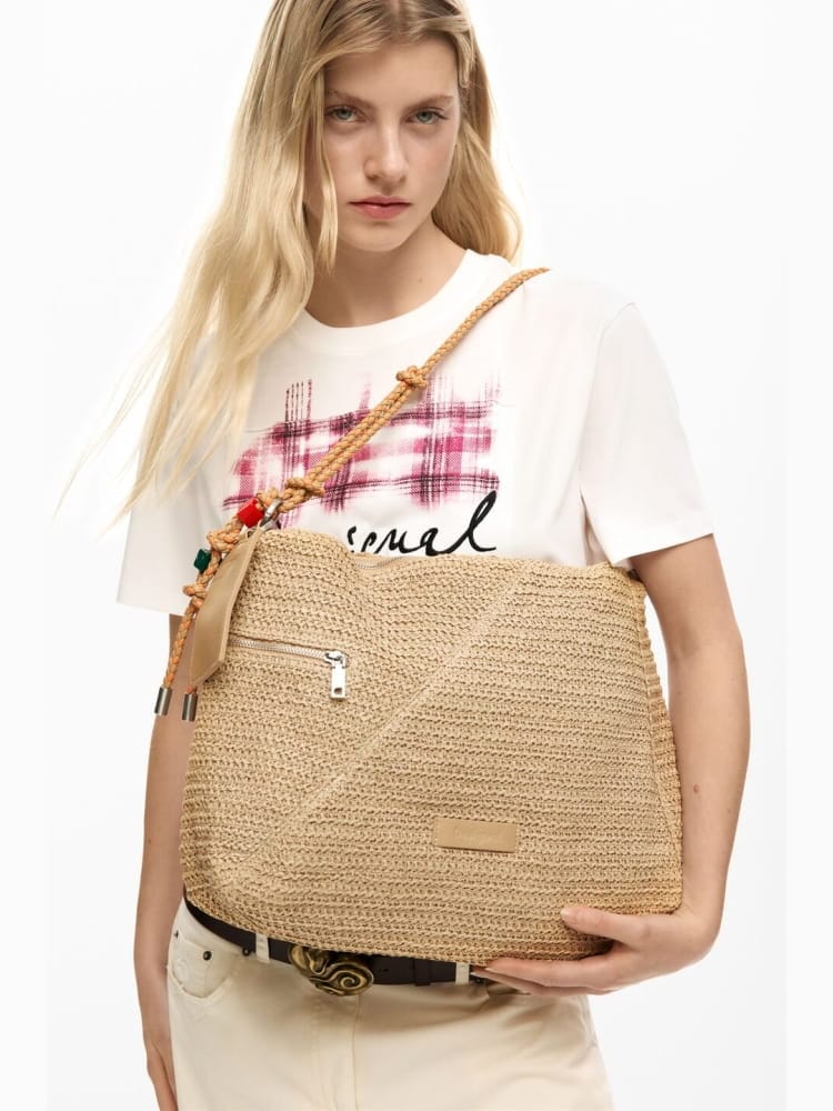 Desigual borsa grande in raffia leiria beige chiaro