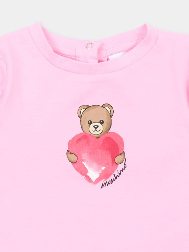 Moschino t-shirt infant in cotone rosa con logo cuore teddy Bambina