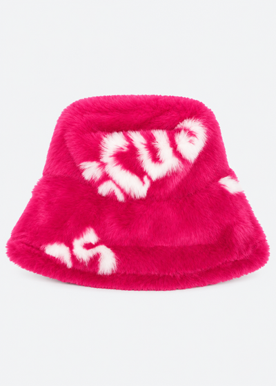 GCDS Cappello Pescatore Fucsia Bambina Effetto Pelliccia Logo All Over