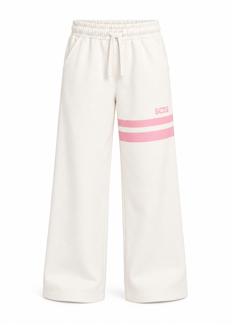 GCDS Pantaloni Bianchi Bambina in Cotone con Logo Glitter Rosa AI26Z0GJQI620F004