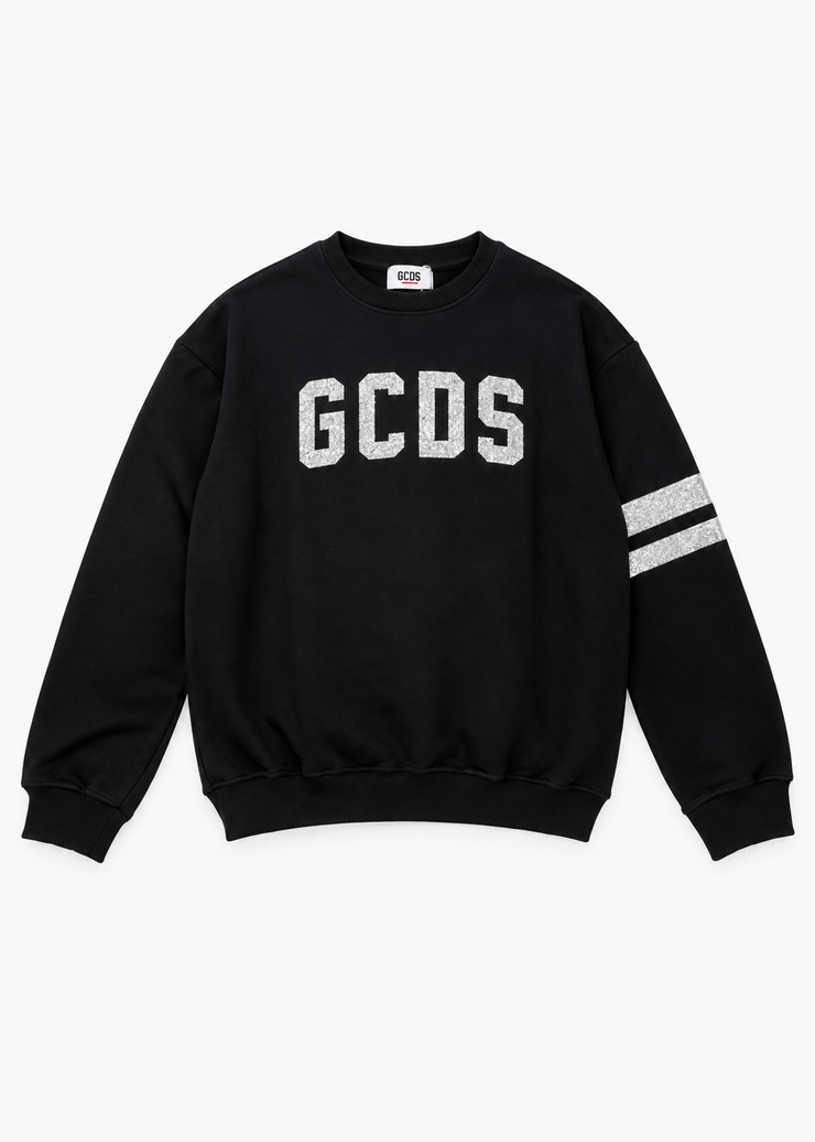 GCDS Felpa Nera e Argento Bambina in Cotone con Maxi Logo AI26Z0GJQE591F004