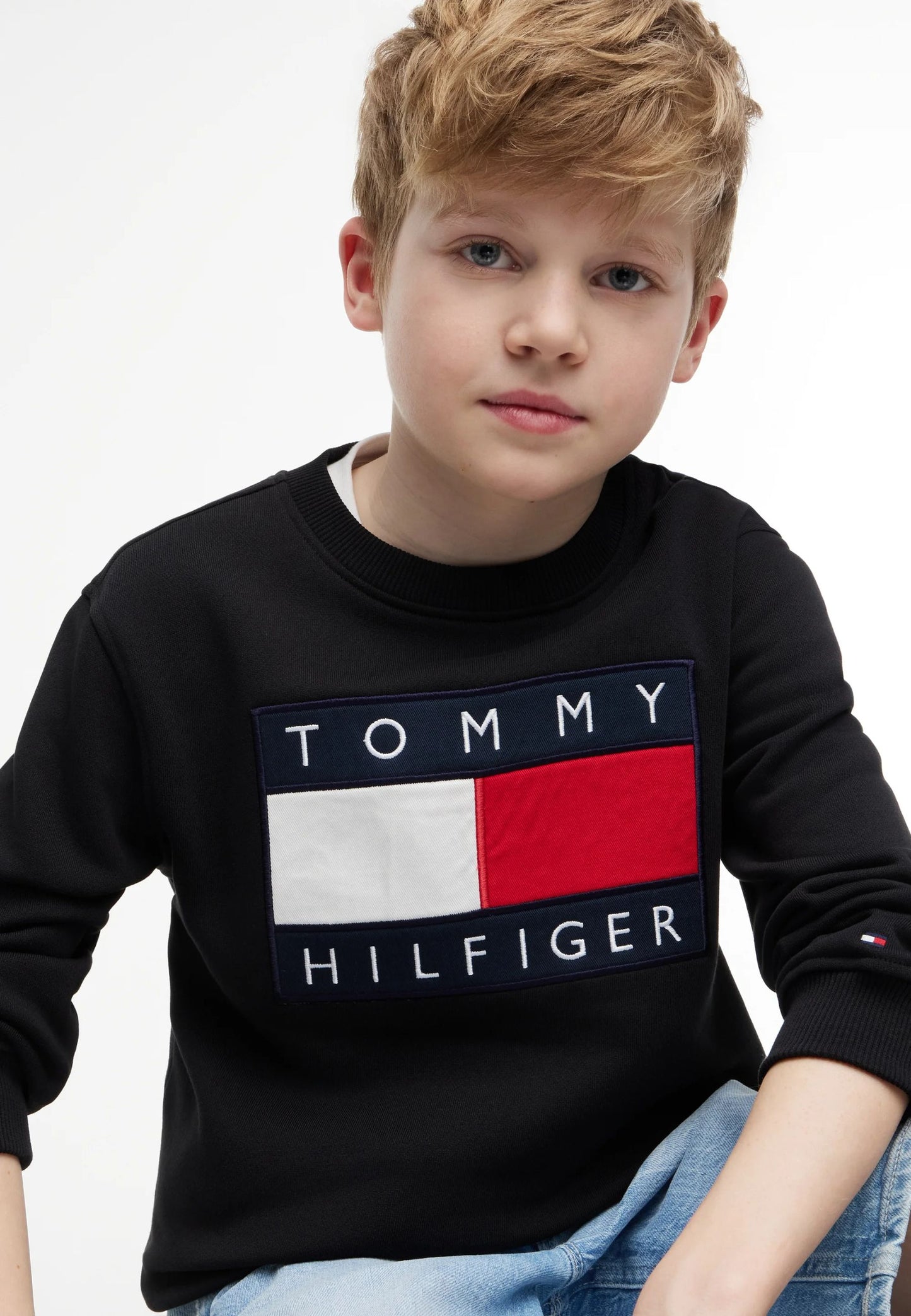 TOMMY HILFIGER felpa blu ragazzo girocollo logo grande a bandiera Bambini e ragazzi KS0KS00709C1G_