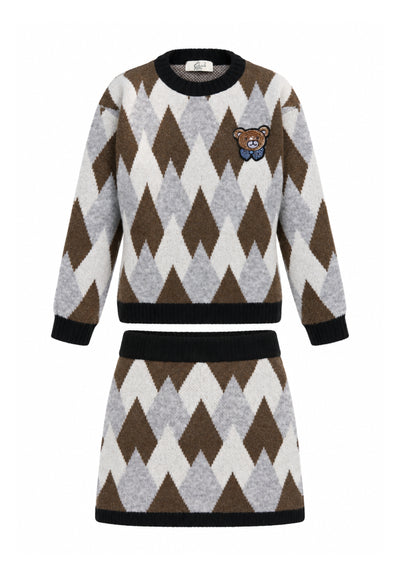 Gabriella Gucci COMPLETO MARRONE A QUADRI IN MAGLIA CON ORSETTO PATCH Bambine e ragazze GK311+GK312.MARRO_