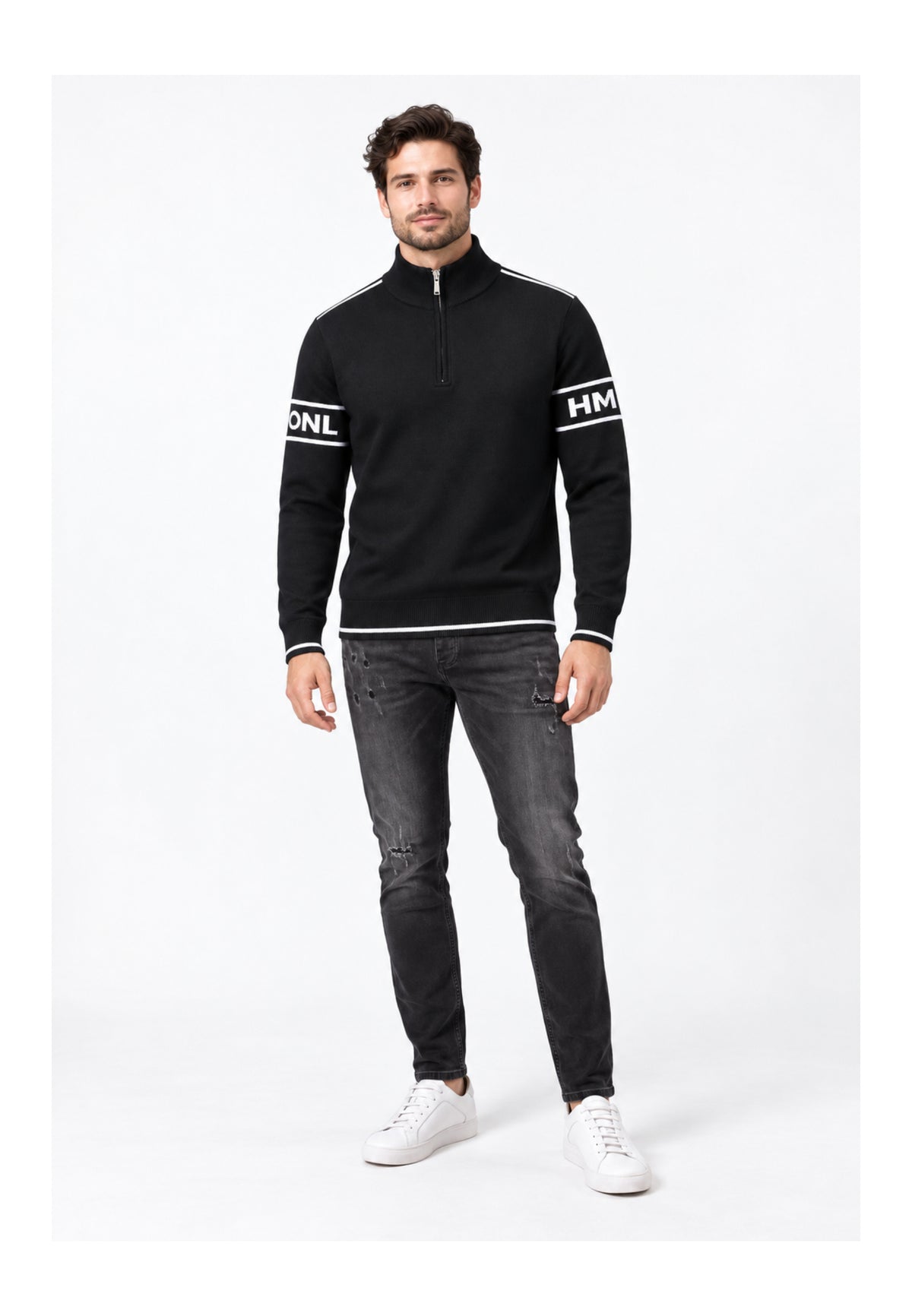 John Richmond LUPETTO NERO CON ZIP E LOGO MANICHE Uomo UMA26039LU.NE_