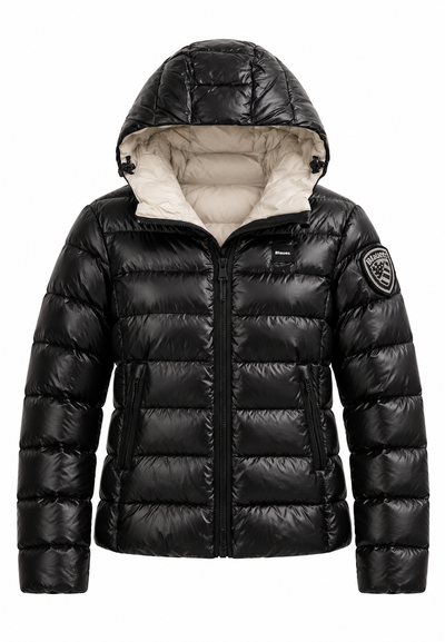 Blauer Giubbotto Piumino Nero Lucido con Cappuccio e Patch Bambina