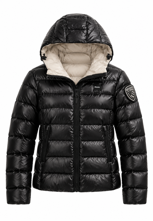 Blauer Giubbotto Piumino Nero Lucido con Cappuccio e Patch Bambina