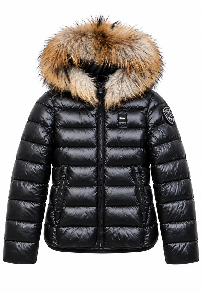 Blauer Ivory Junior Giubbotto Piumino Nero Lucido con Pelliccia Bambina