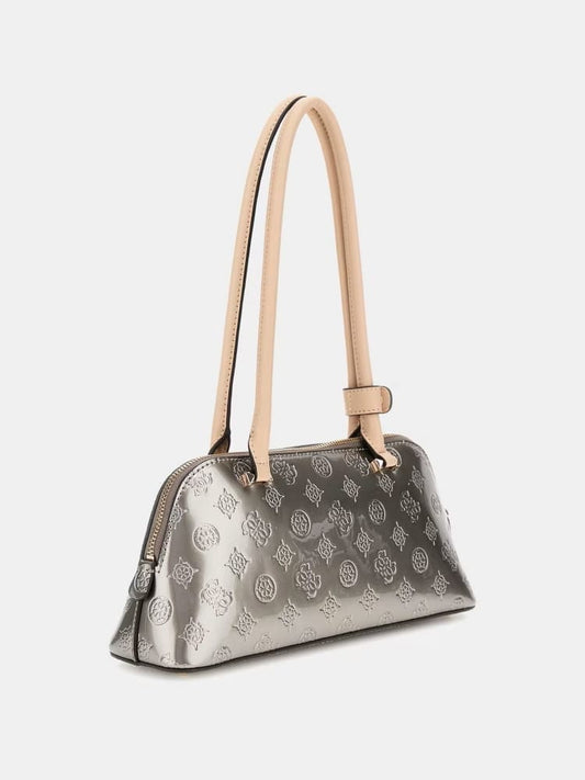 Guess borsa argento donna lucida a spalla logo all over