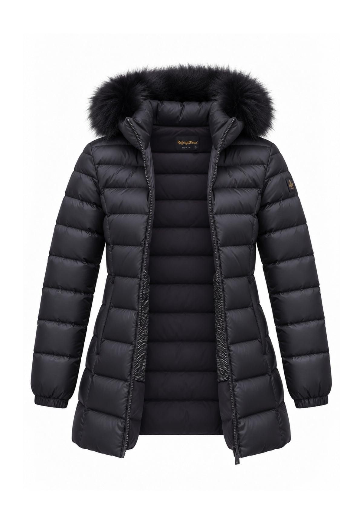 REFRIGIWEAR GIUBBOTTO NERO TRAPUNTATO CON CAPPUCCIO E PELLICCIA Donna LONG MEAD FUR JACKET.NE_