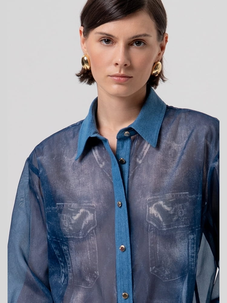 Fracomina camicia in organza blu stampata