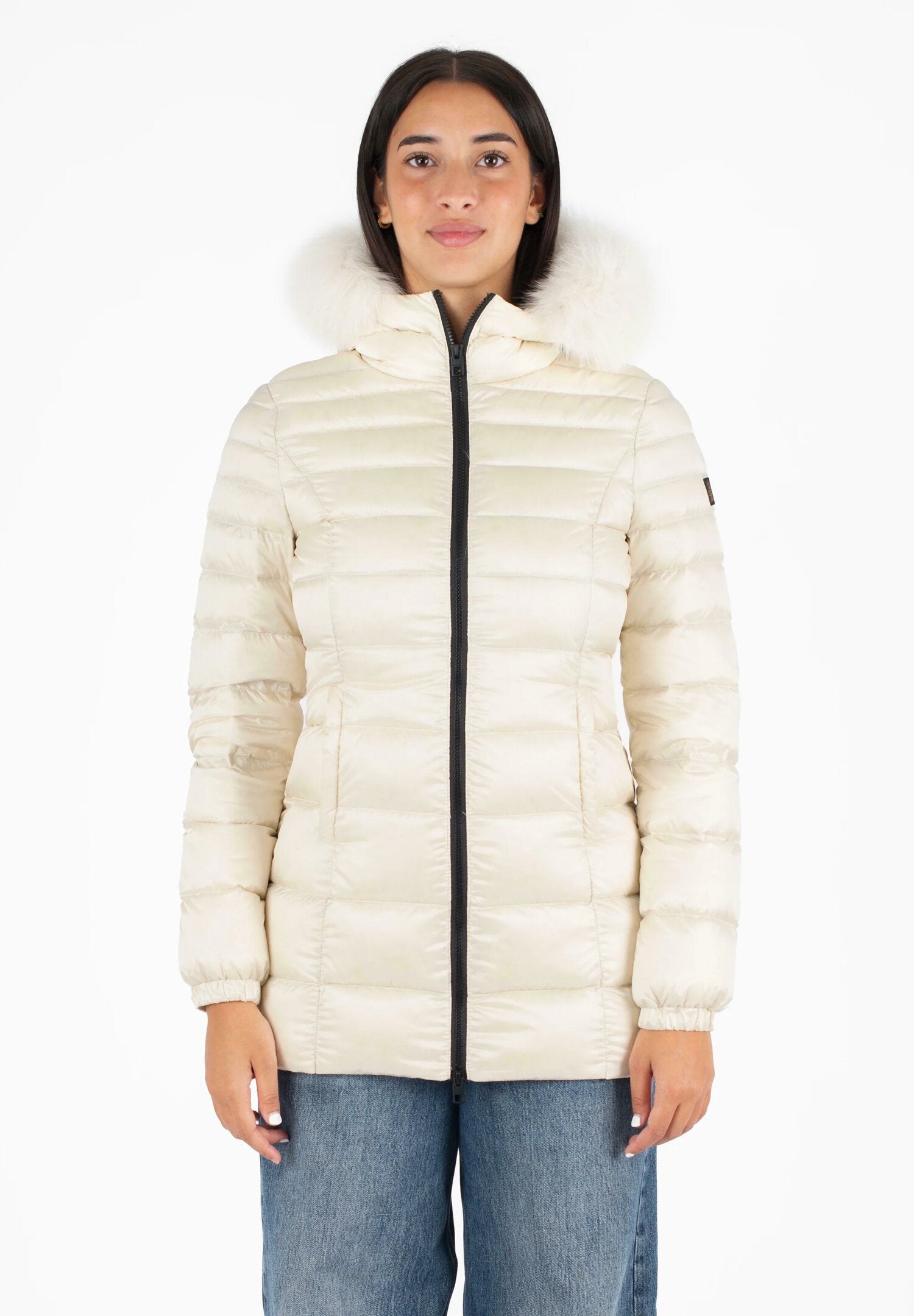 Refrigiwear piumino donna avorio lungo con cappuccio imbottito