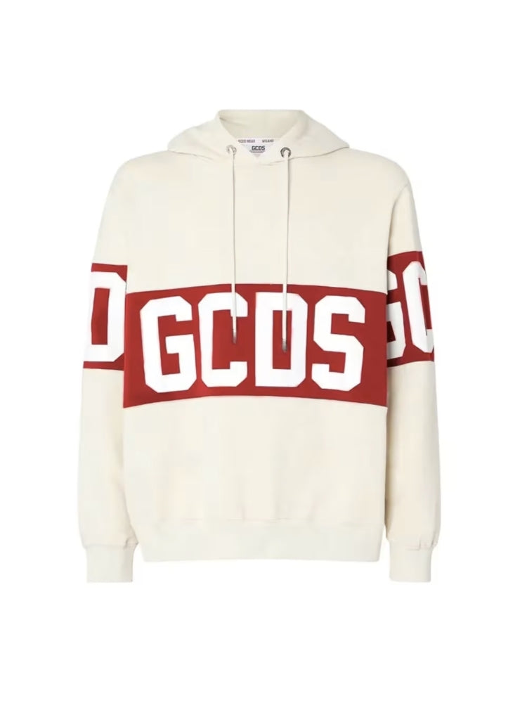 Gcds felpa beige uomo unisex in cotone con cappuccio maxi logo a contrasto