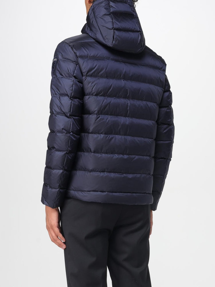 Blauer giubbotto blu navy uomo con cappuccio patch logo sul braccio