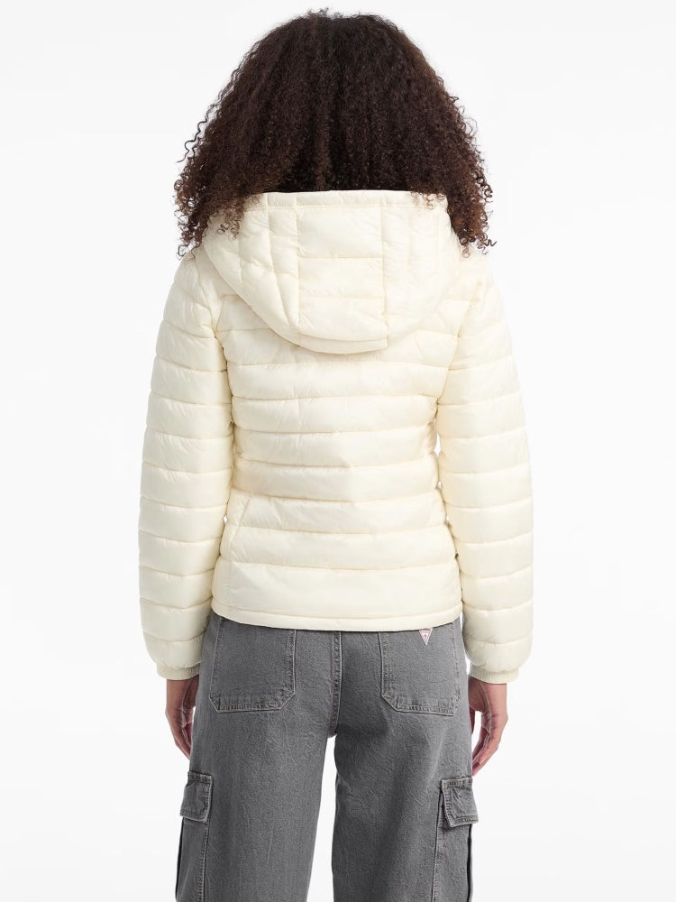 Guess giubbotto crema donna piumino con cappuccio patch logo sul petto