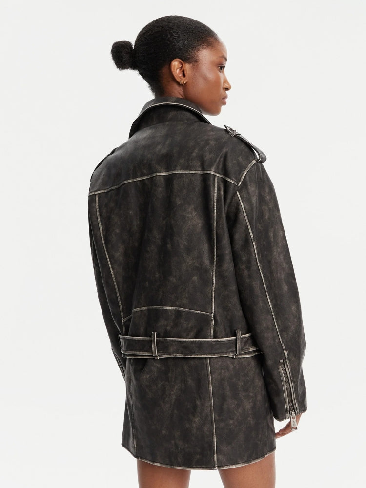 Guess giubbotto grigio scuro donna in ecopelle bottoni con logo