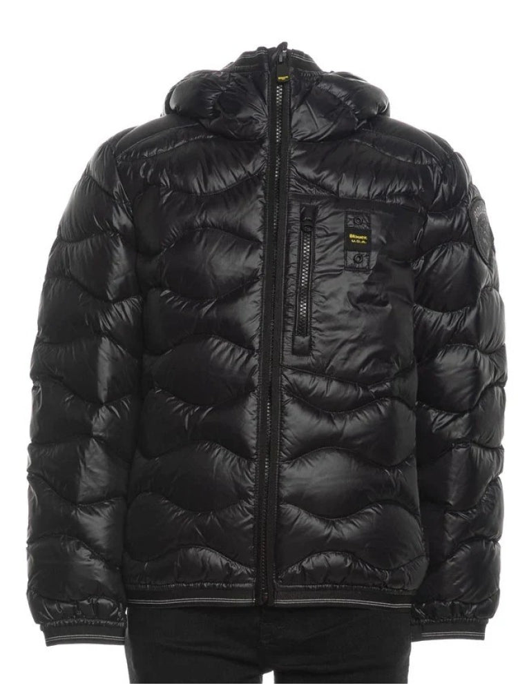 Blauer giubbotto nero bambino con cappuccio a onde patch logo sul braccio