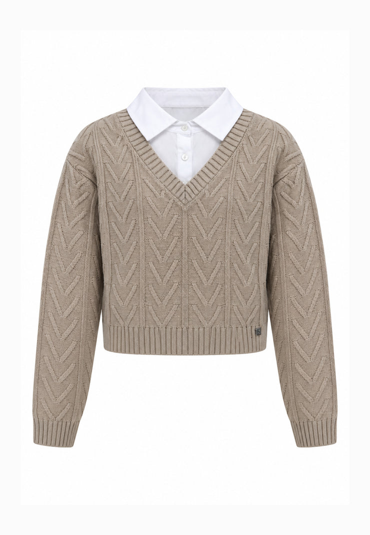 Kocca Junior maglia BEIGE INTRECCIATA CROP CON CAMICIA Bambina e Ragazza welfin.beige_