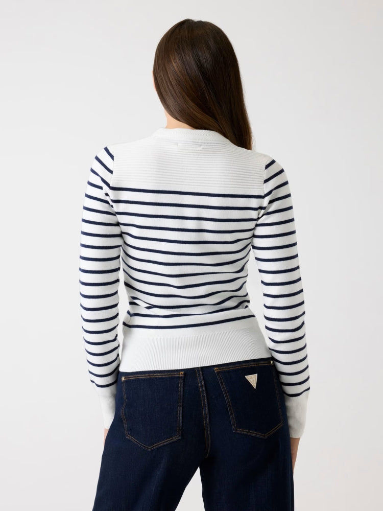 Guess maglia bianca in misto viscosa a righe bottoni con logo