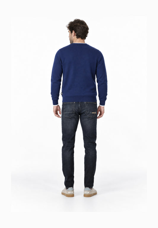 John Richmond MAGLIONE BLU CON ORLI A CONTRASTO BIANCHI Uomo UMA26271MA.BLU_