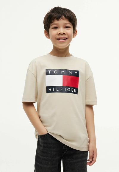 TOMMY HILFIGER TSHIRT BEIGE LOGO BANDIERA MANICHE CORTE Bambini e ragazzi KB0KB10340ACI_