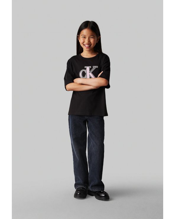 T-shirt Calvin Klein nera logo CK rosa bambina