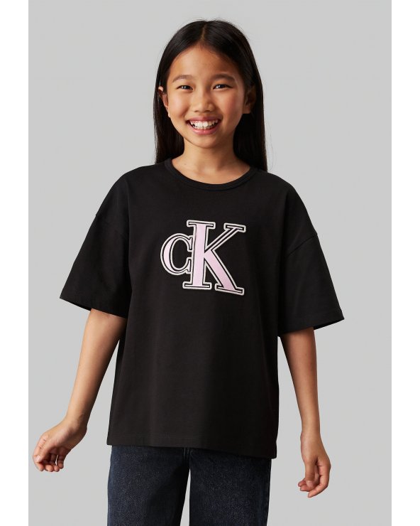 T-shirt Calvin Klein nera logo CK rosa bambina