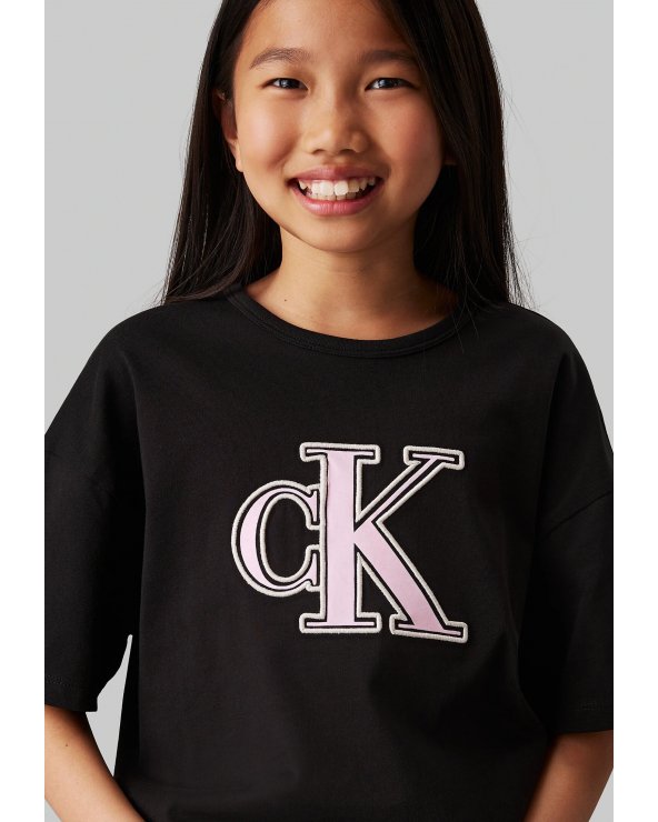 T-shirt Calvin Klein nera logo CK rosa bambina