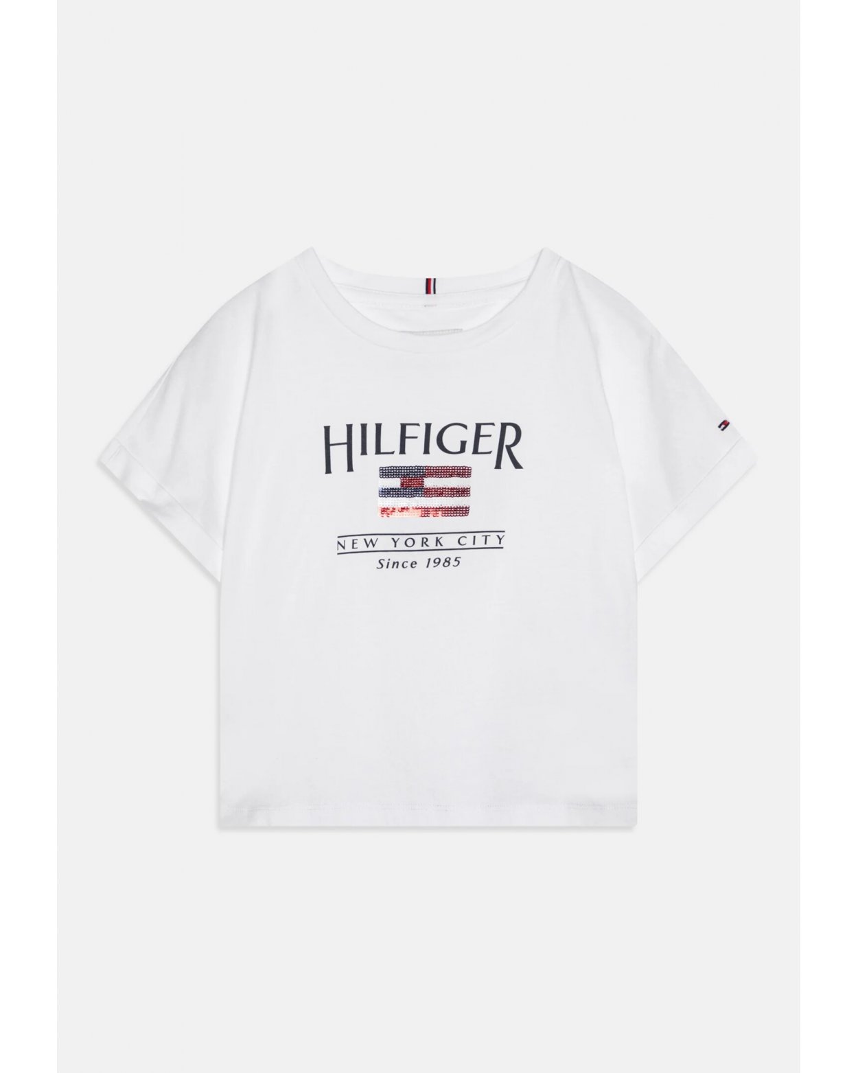 T-shirt bianca Tommy Hilfiger con stampa logo con paillettes per ragazze