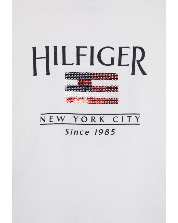 T-shirt bianca Tommy Hilfiger con stampa logo con paillettes per ragazze
