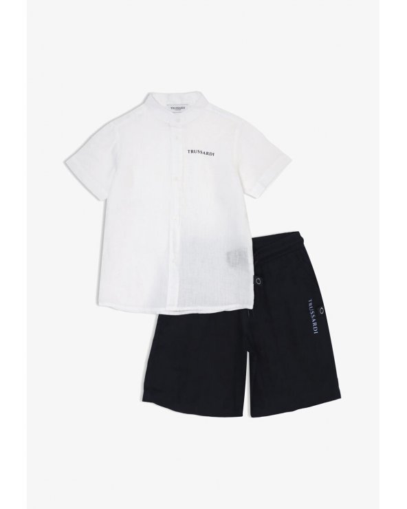Completo in Lino Trussardi Junior Bianco e Blu Scuro - Camicia Coreana e Bermuda