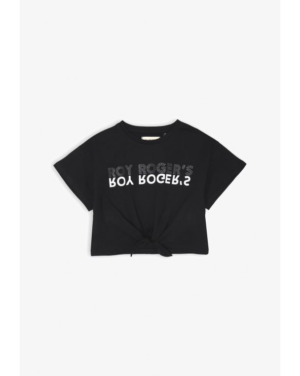 Roy Rogers - T-shirt nera bambina corta con nodo e logo strass - P/E 2025