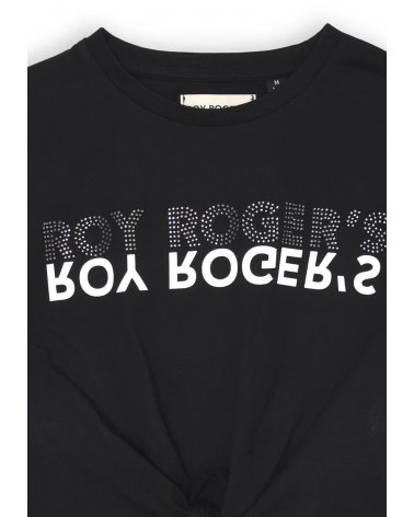 Roy Rogers - T-shirt nera bambina corta con nodo e logo strass - P/E 2025