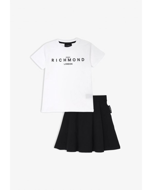 Completo Richmond bambina bianco e nero con t-shirt logo e gonna svasata