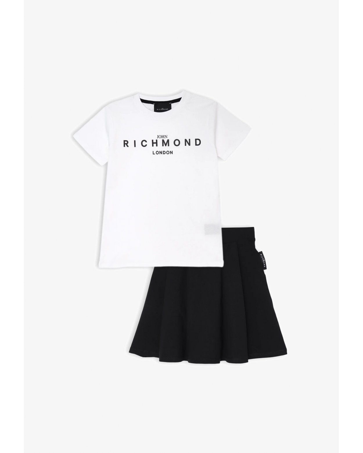 Completo Richmond bambina bianco e nero con t-shirt logo e gonna svasata