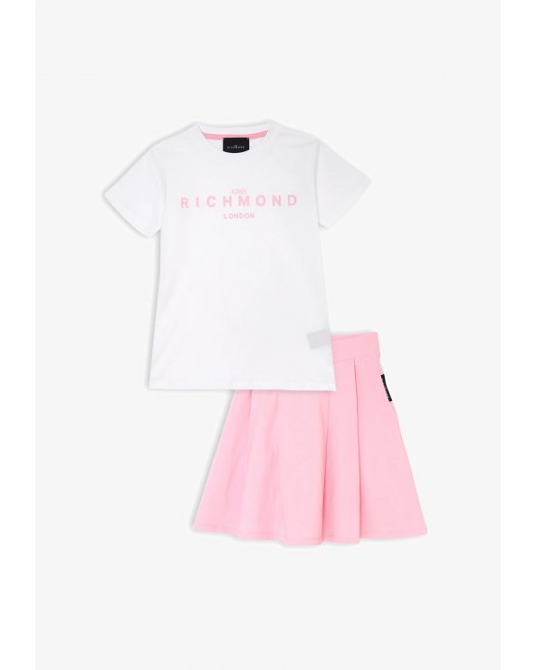 Completo Richmond bambina bianco e rosa con t-shirt logo e gonna svasata