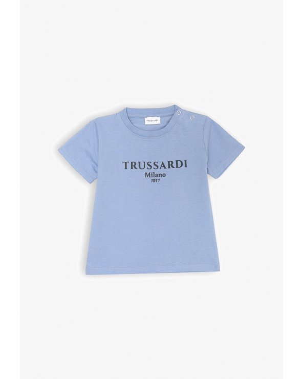 Maglia azzurra Trussardi Milano baby con stampa frontale e bottoni clip