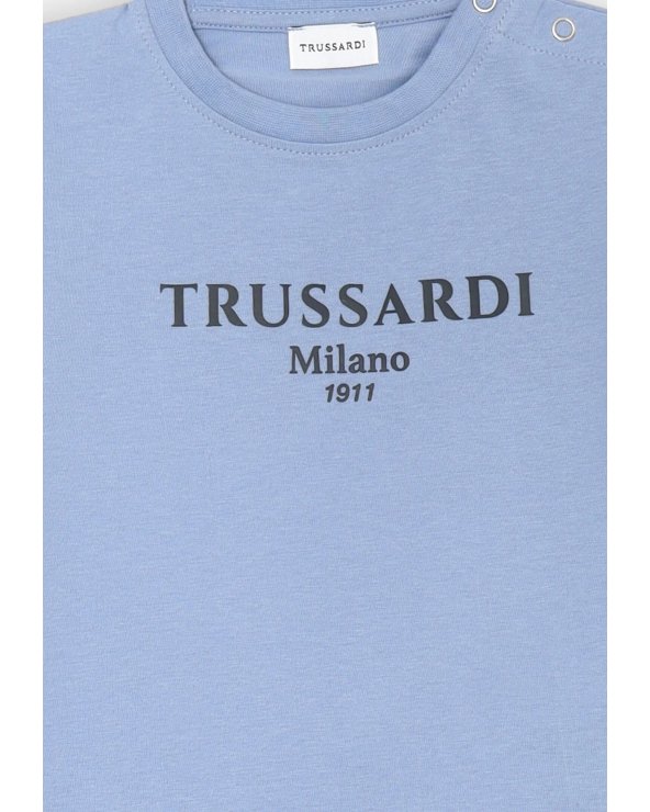 Maglia azzurra Trussardi Milano baby con stampa frontale e bottoni clip