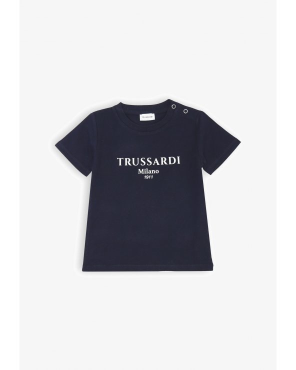 Maglia blu Trussardi Milano baby con stampa frontale e bottoni clip laterali
