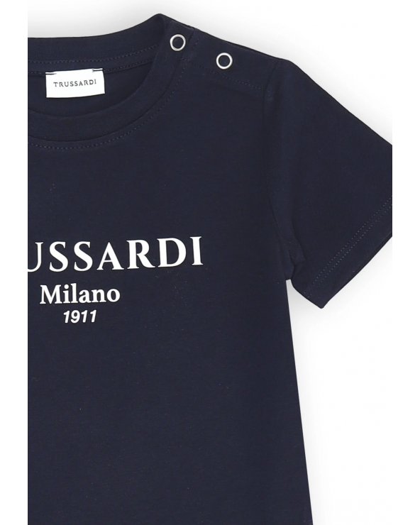 Maglia blu Trussardi Milano baby con stampa frontale e bottoni clip laterali