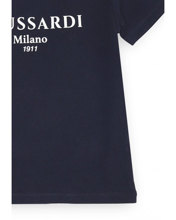 Maglia blu Trussardi Milano baby con stampa frontale e bottoni clip laterali