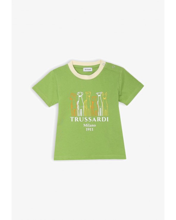 Maglietta Trussardi neonato verde con stampa levrieri cotone estiva 2025