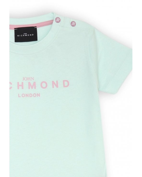 Maglietta verde acqua John Richmond neonata logo rosa cotone estate 2025