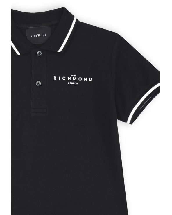 Polo nera Richmond bambino con profili bianchi e logo sul petto estate 2025